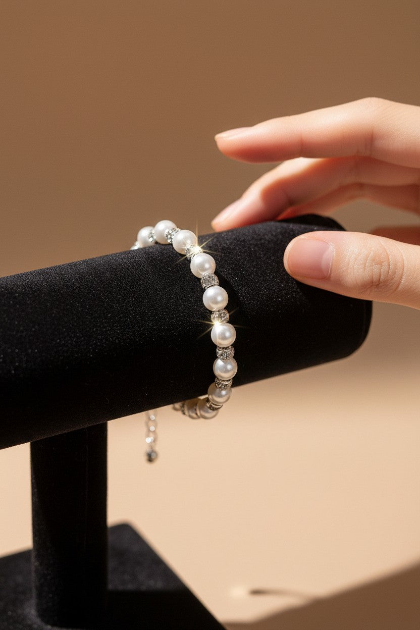 Classic Silver White Pearl and Crystal Rondelle Bracelet