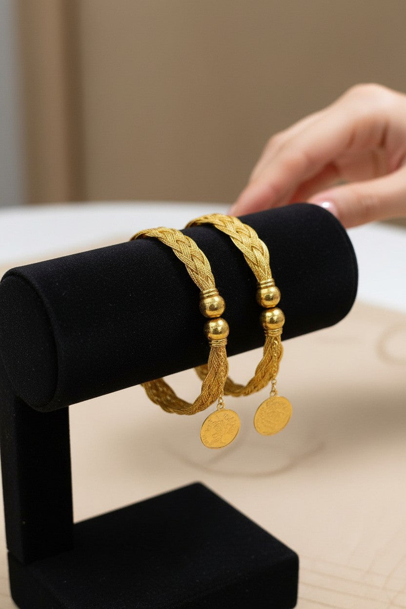 Luxury Braided Gold Mesh Cuff Bangles with Coin Charm Set