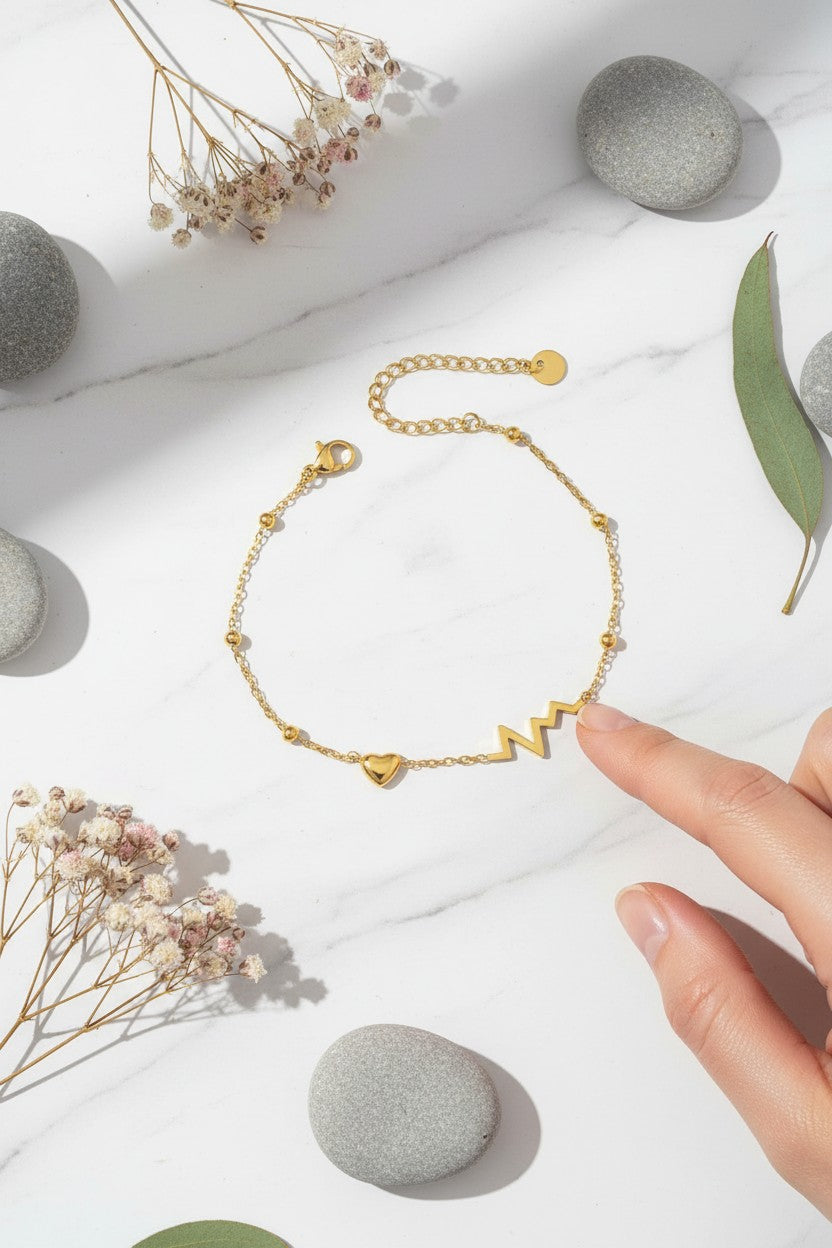 Dainty Gold Heartbeat and Lifeline Charm Bracelet
