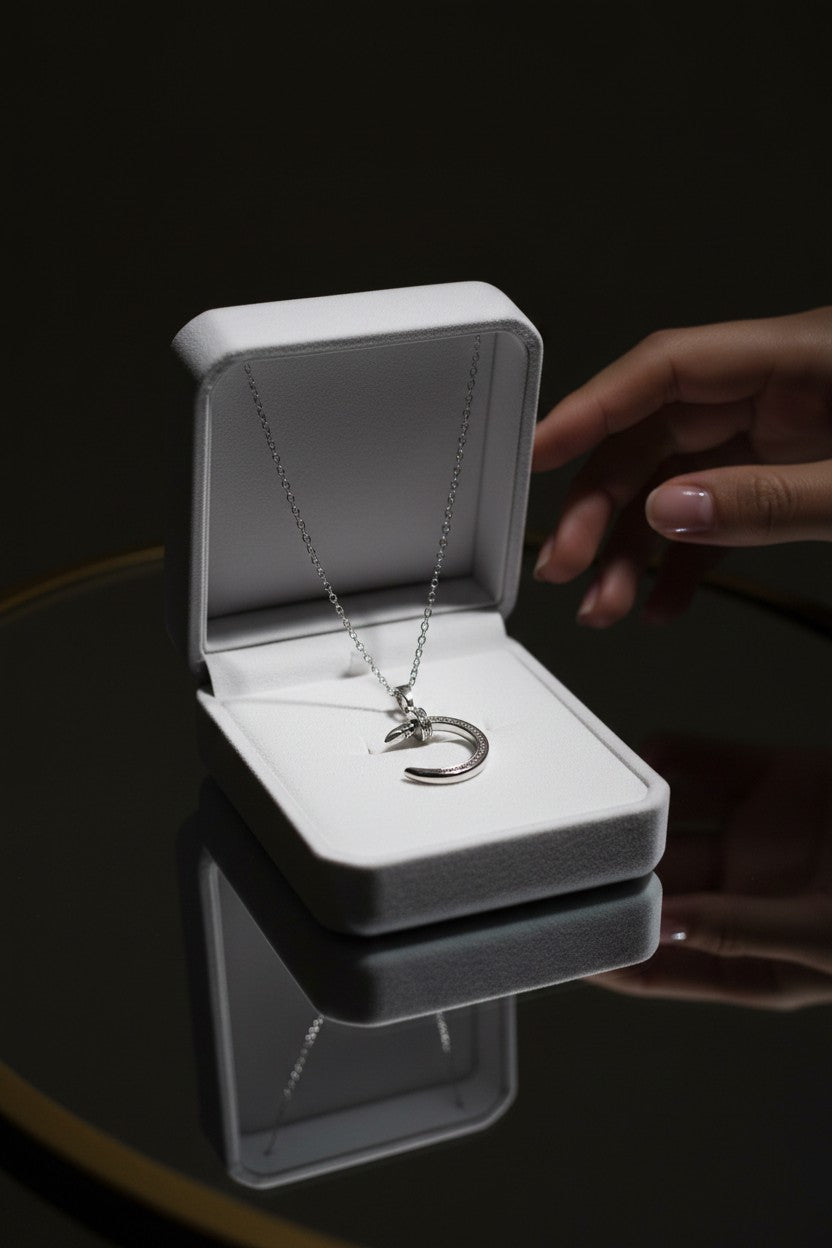 Silver Plated Crystal Crescent Moon Circle Pendant Necklace for Women