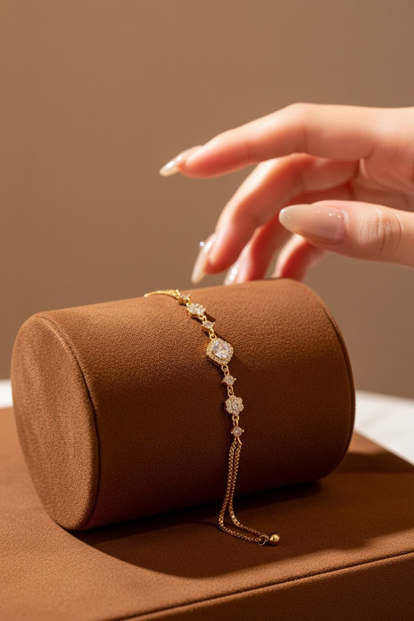 Elegant Golden Plated Adjustable Flower Halo Bolo Bracelet