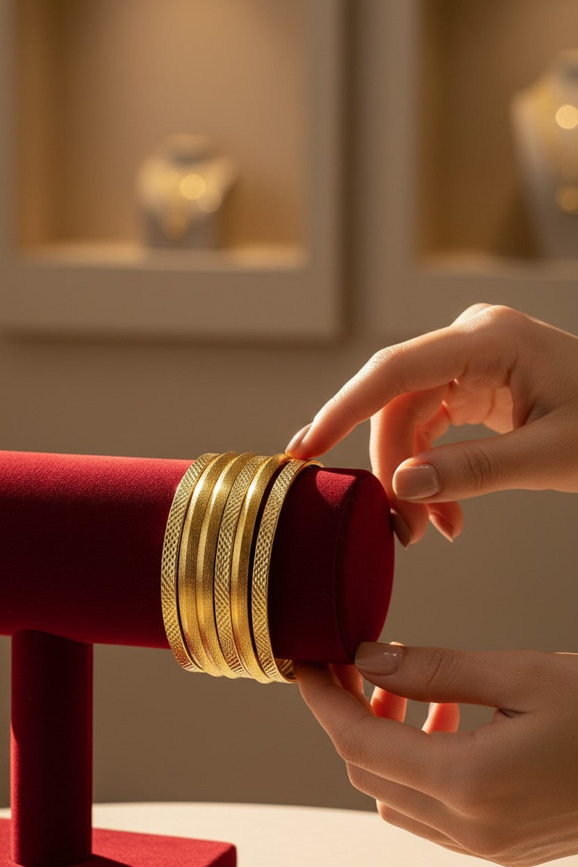 Luxury Gold Frosted and Diamond-Cut Textured Bangle Set