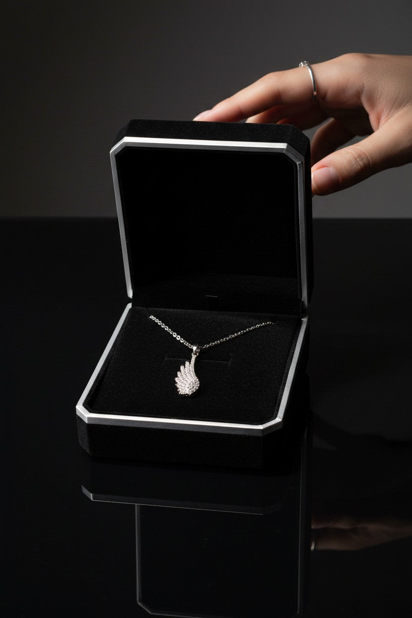 Silver Plated Cubic Zirconia Angel Wing Pendant Necklace for Women