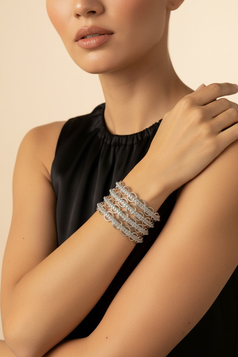 Silver Plated Cubic Zirconia Pave Oval Link Bangle Set