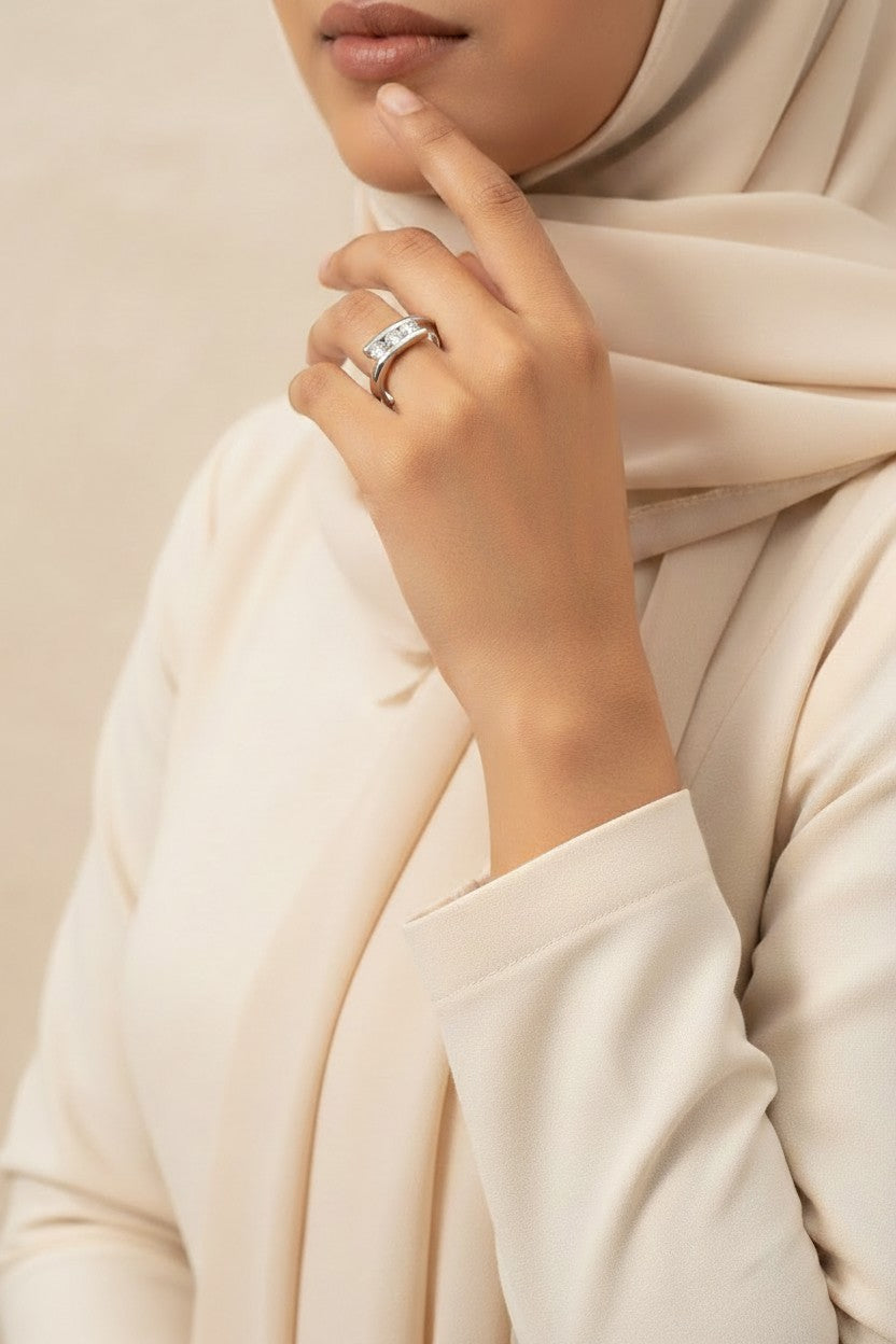 Minimalist Silver Three-Stone Channel Adjustable Ring