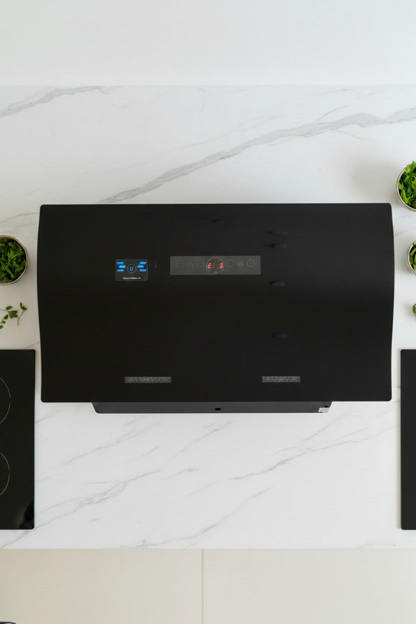 Premium Voice Control Smart Range Hood – Angled Black Glass Chimney with Auto-Clean
