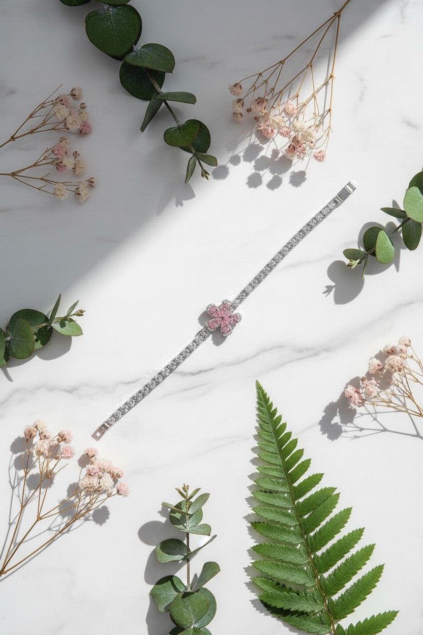 Elegant Silver Pink Crystal Flower Tennis Bracelet