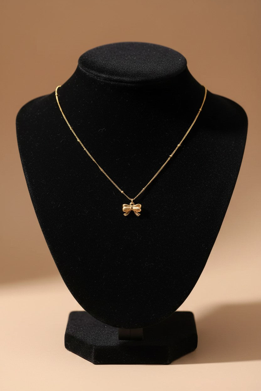 Dainty Gold Ribbon Bow Satellite Pendant Necklace