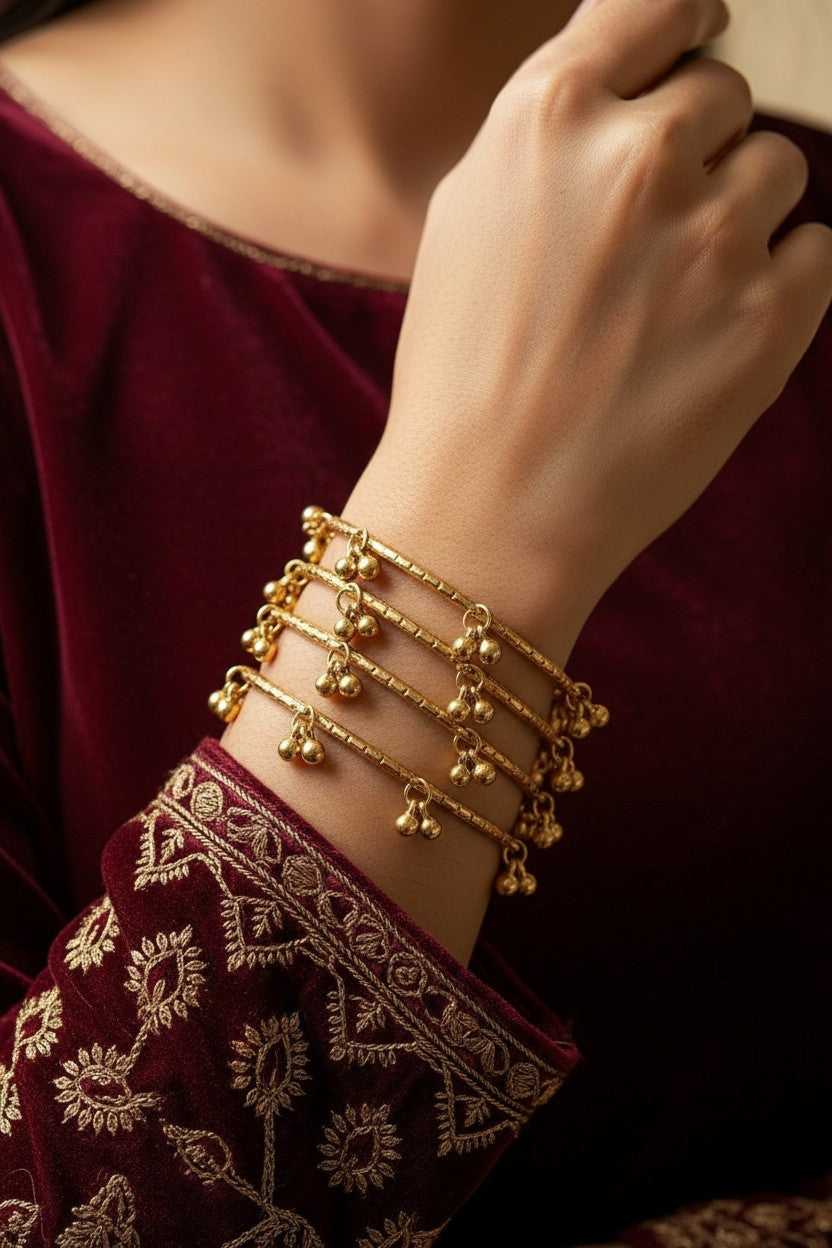 Traditional Gold Textured Ghungroo Bangle Set