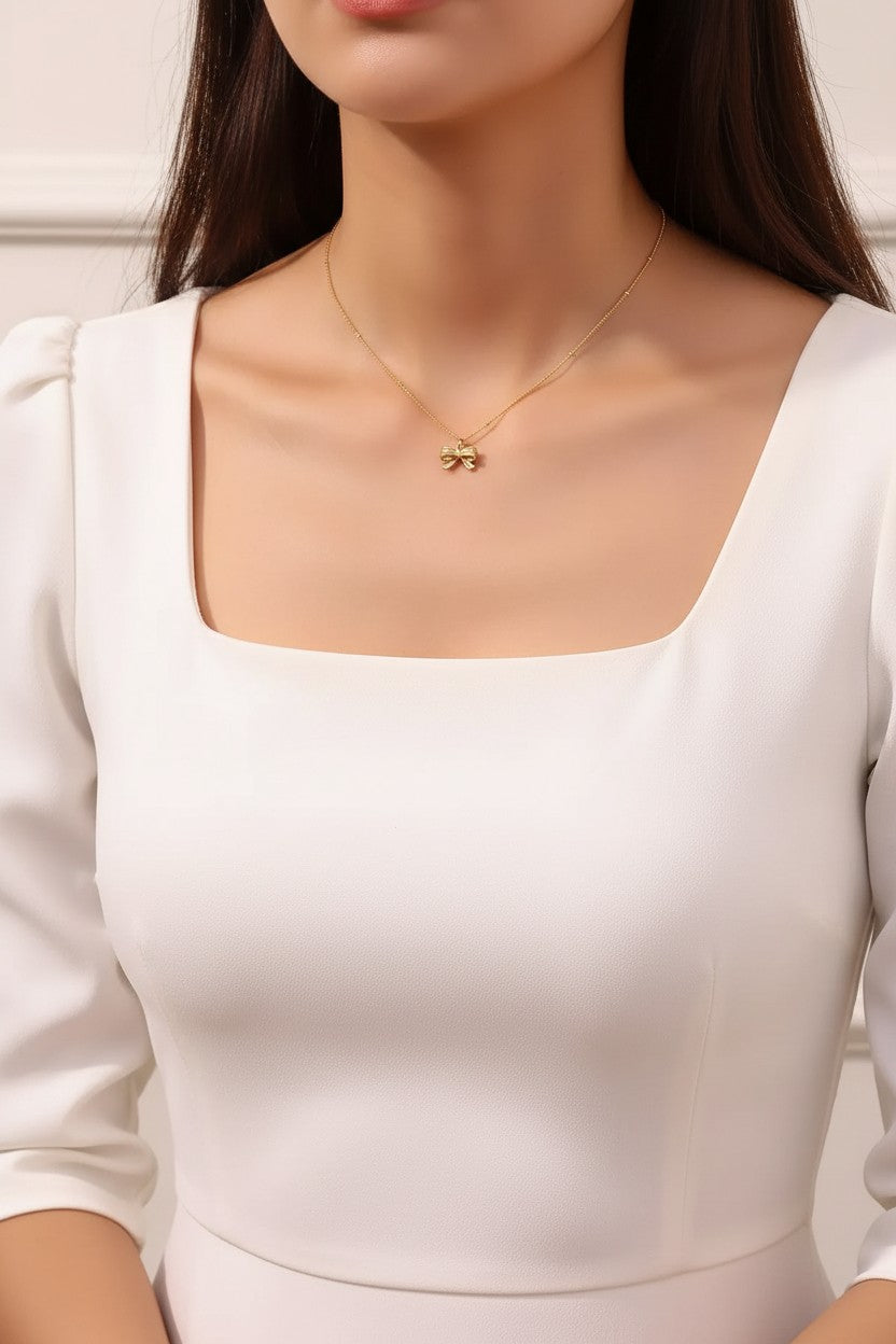 Dainty Gold Ribbon Bow Satellite Pendant Necklace