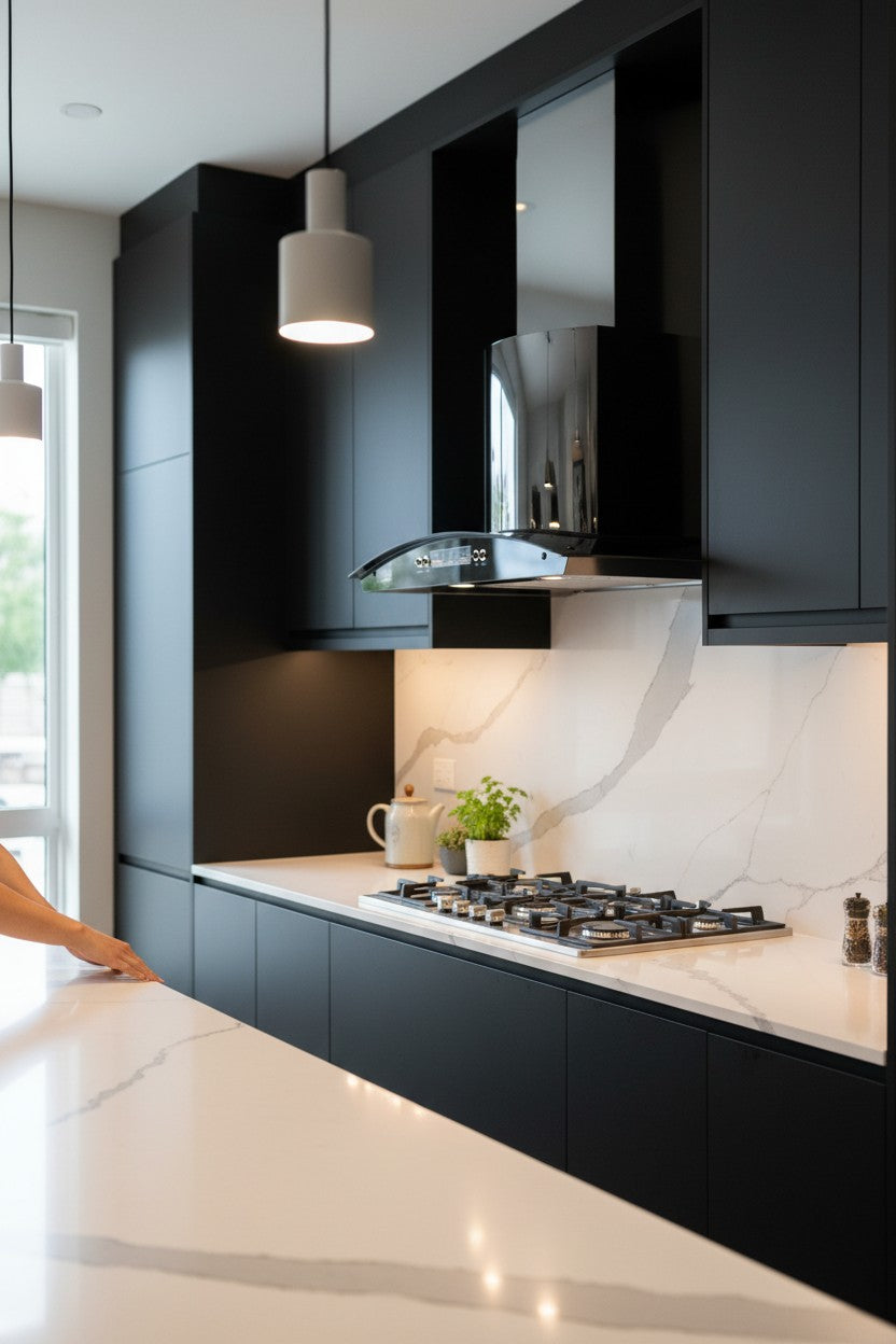 Aramco Premium Wall-Mounted Chimney Range Hood – Curved Black Glass Cooker Hood with Mirror Finish