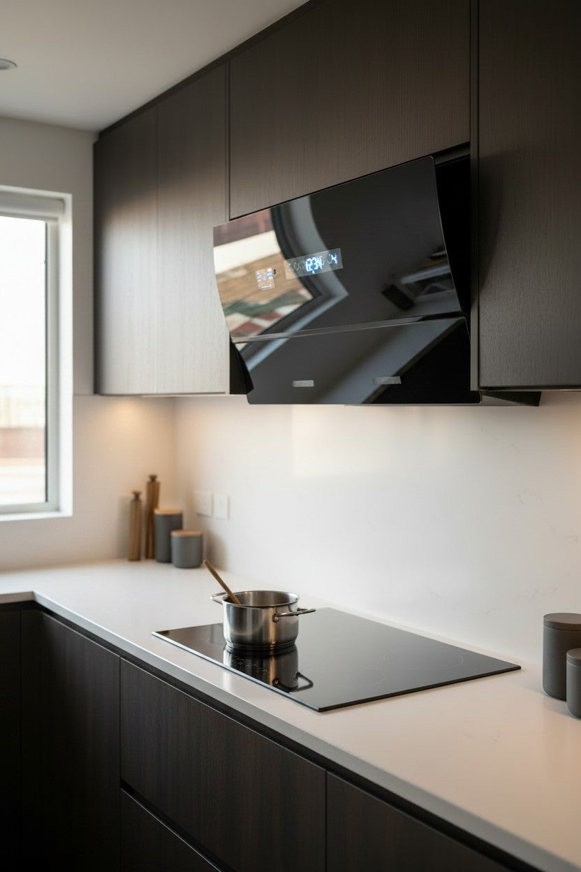 Premium Voice Control Smart Range Hood – Angled Black Glass Chimney with Auto-Clean