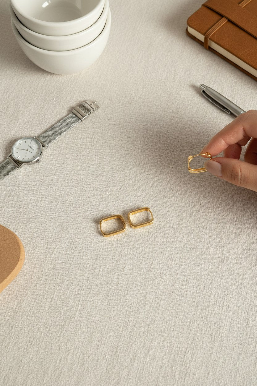 Gold Square Hoop Earrings — Geometric Huggie Style for Women