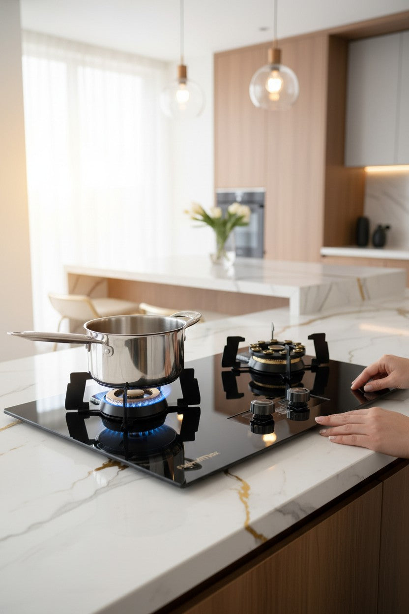 FlameMax Double Burner Gas Stove – High-Efficiency Brass Nozzle Burners & Smart Timer Console