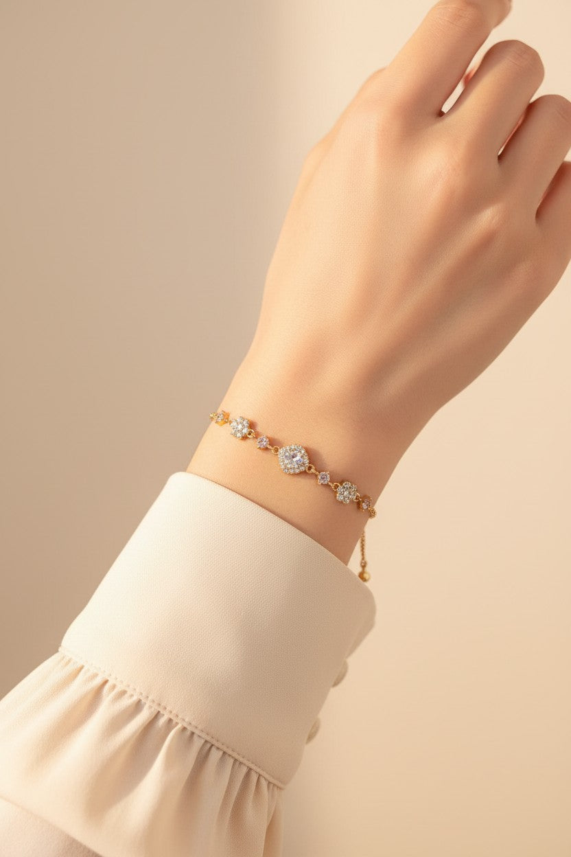 Elegant Golden Plated Adjustable Flower Halo Bolo Bracelet