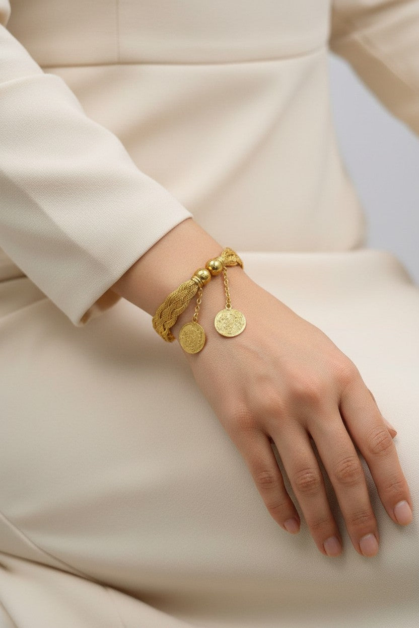 Luxury Braided Gold Mesh Cuff Bangles with Coin Charm Set
