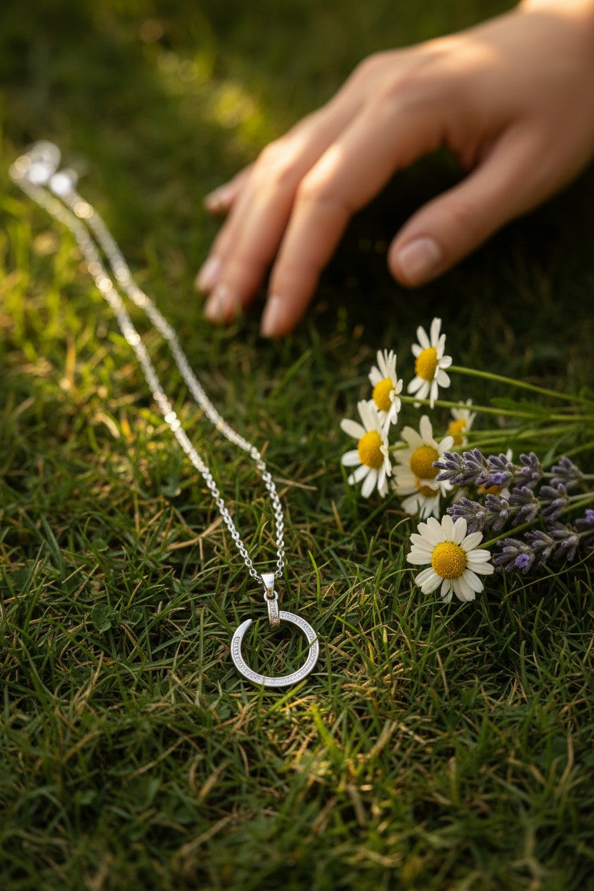 Silver Plated Crystal Crescent Moon Circle Pendant Necklace for Women