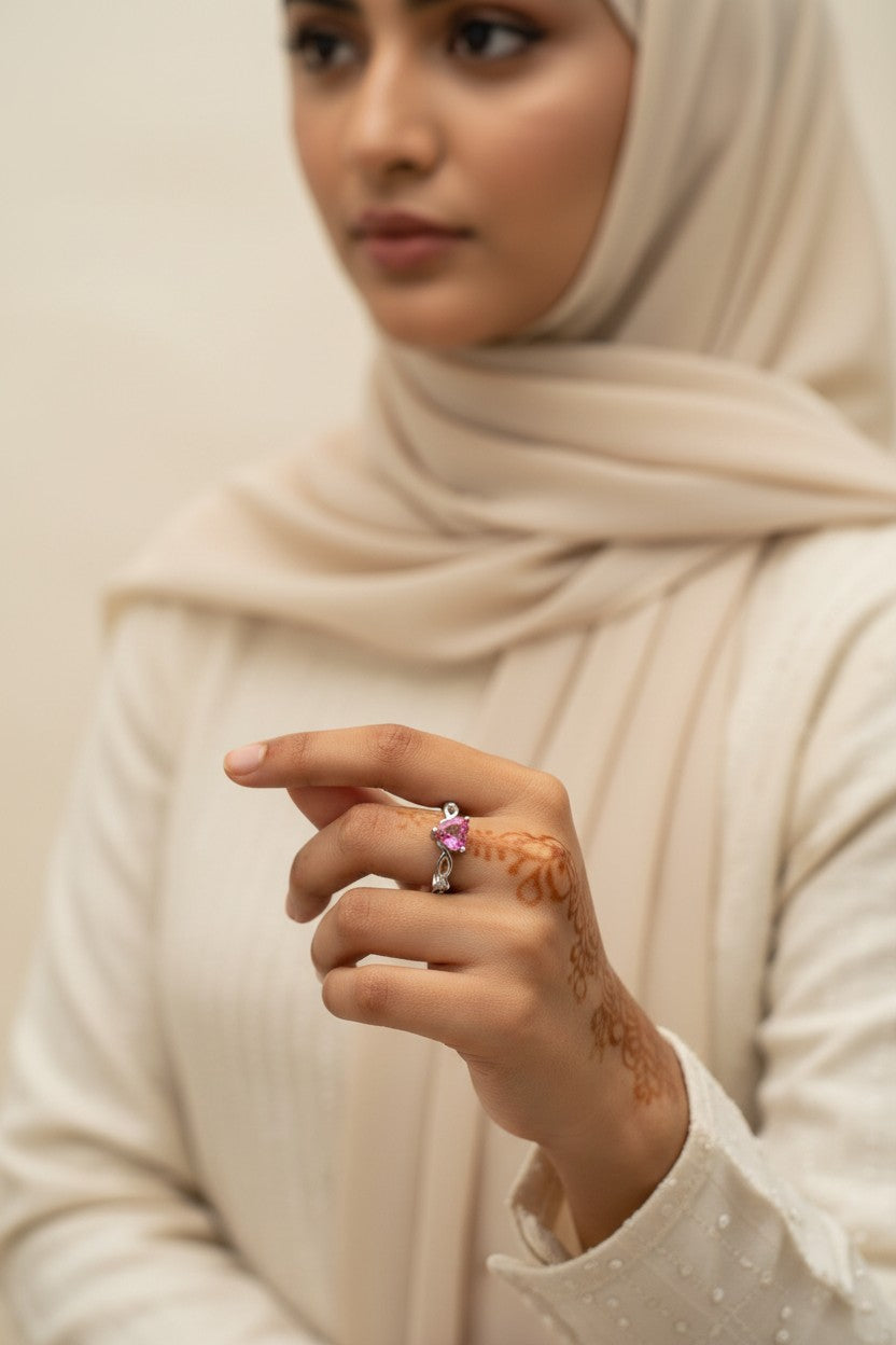 Romantic Silver Adjustable Pink Heart Crystal Ring