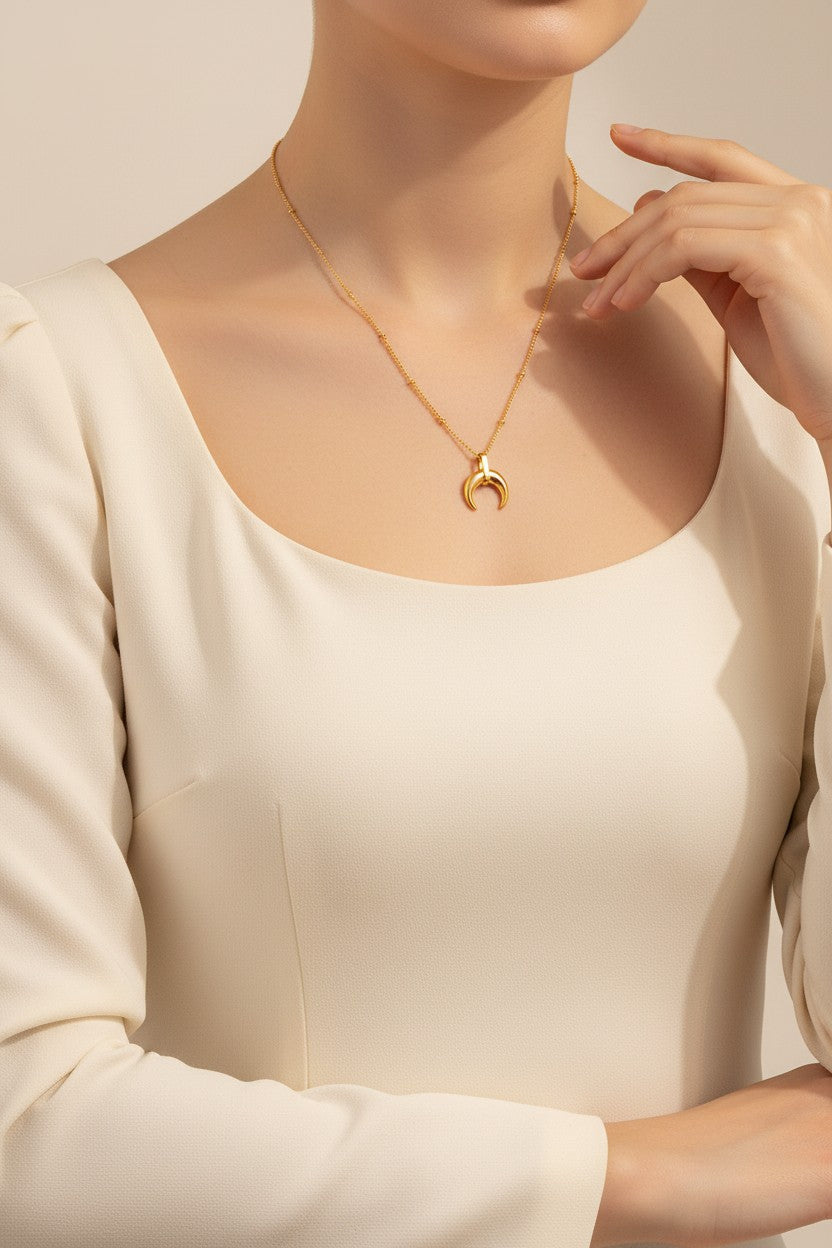 Gold Plated Crescent Moon Horn Satellite Necklace