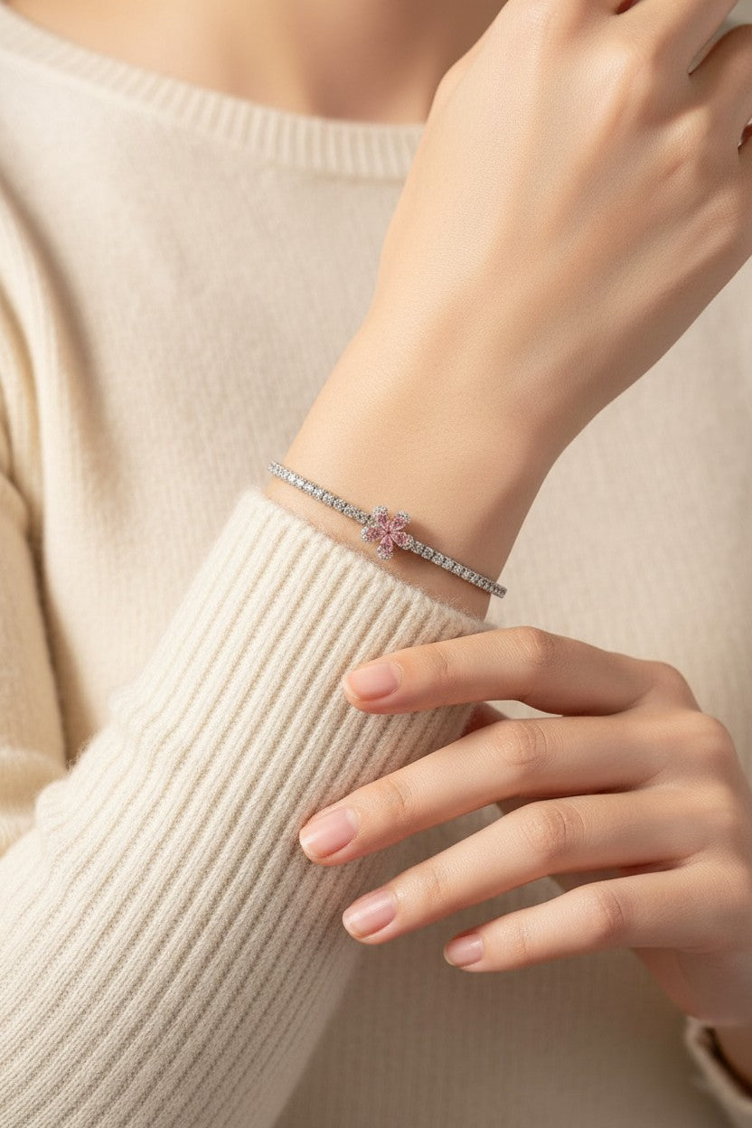 Elegant Silver Pink Crystal Flower Tennis Bracelet