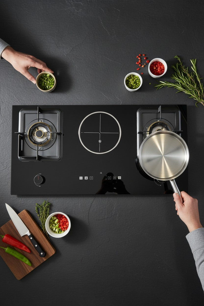 Luxury Gas-Electric Hybrid Hob – Tempered Glass 3-Burner Cooktop with Digital Touch Controls