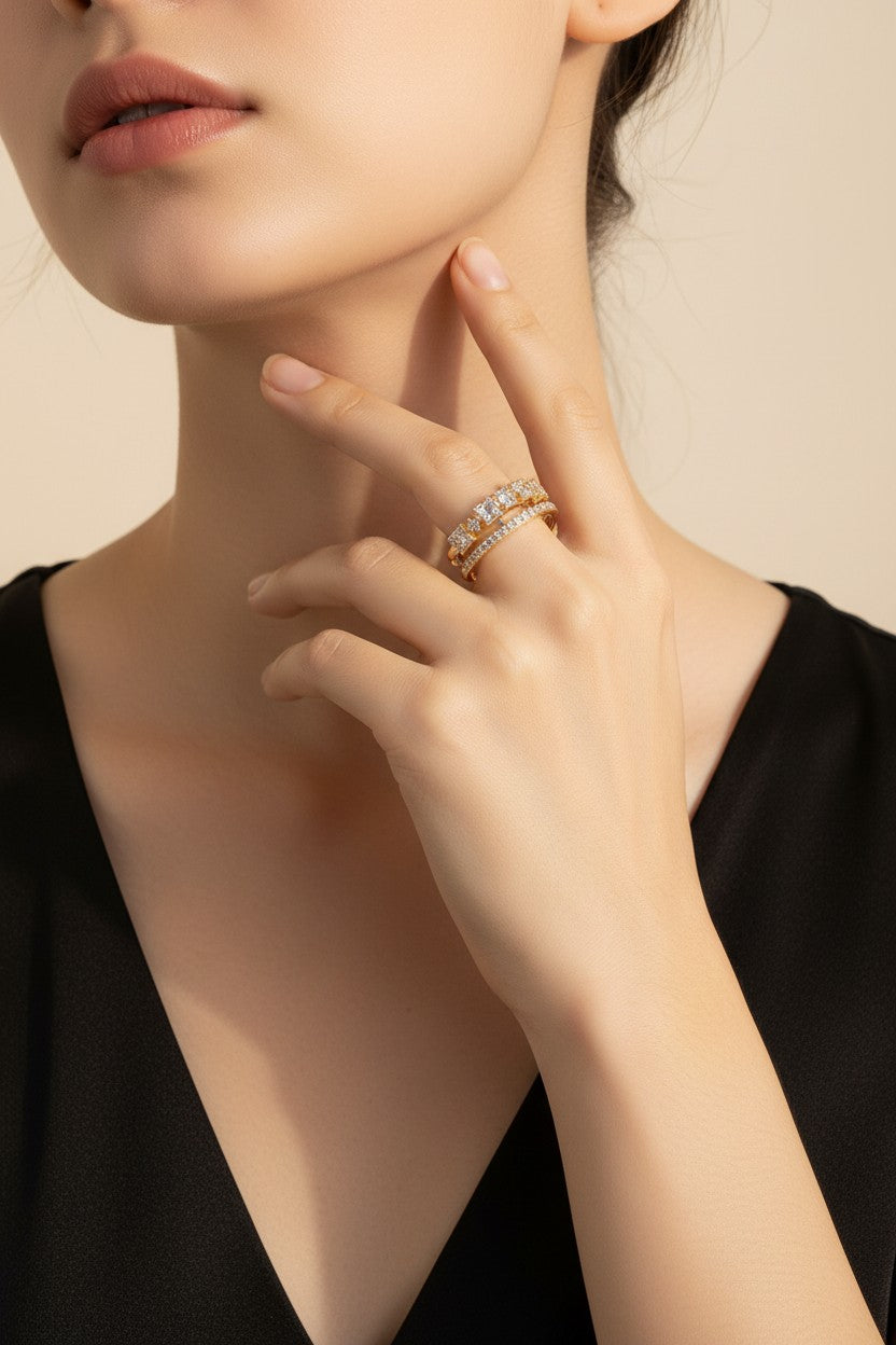 Sienna Double-Layer Geometric Crystal Ring | Adjustable Ring