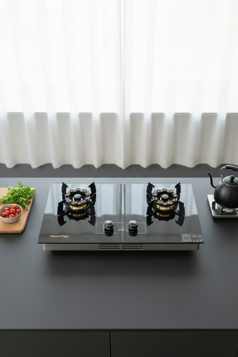 FlameMax Double Burner Gas Stove – High-Efficiency Brass Nozzle Burners & Smart Timer Console