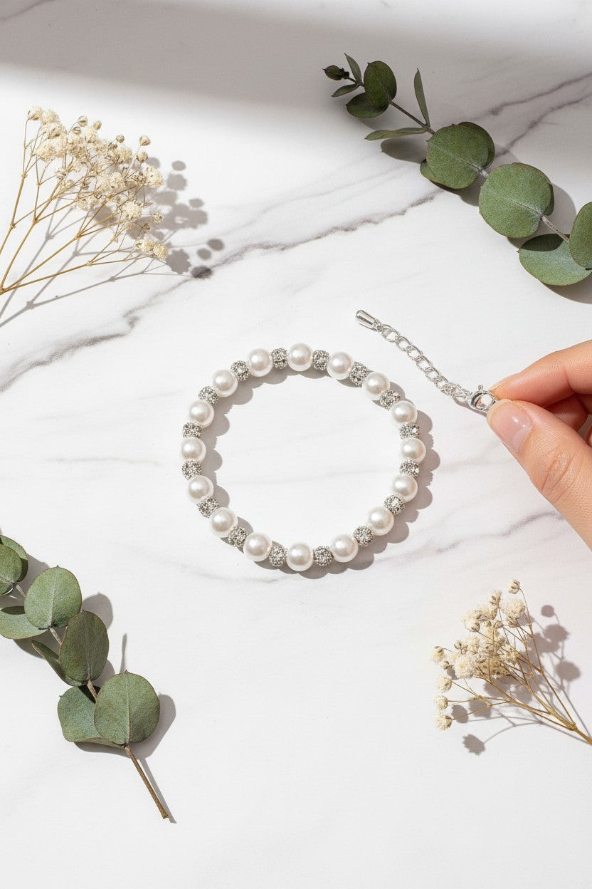 Classic Silver White Pearl and Crystal Rondelle Bracelet