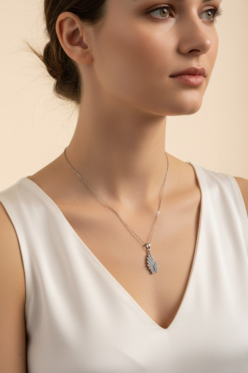 Silver Plated Cubic Zirconia Angel Wing Pendant Necklace for Women