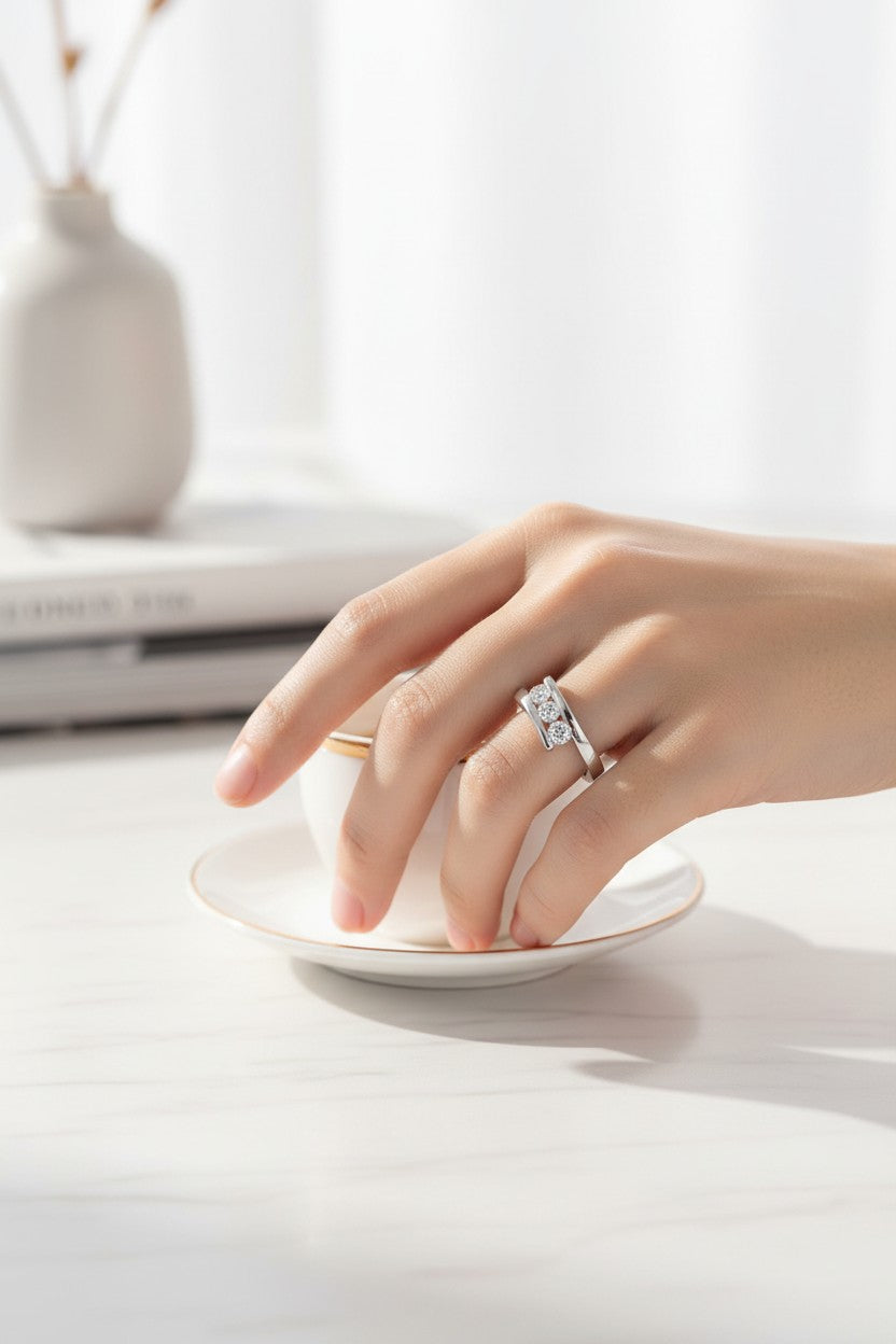 Minimalist Silver Three-Stone Channel Adjustable Ring