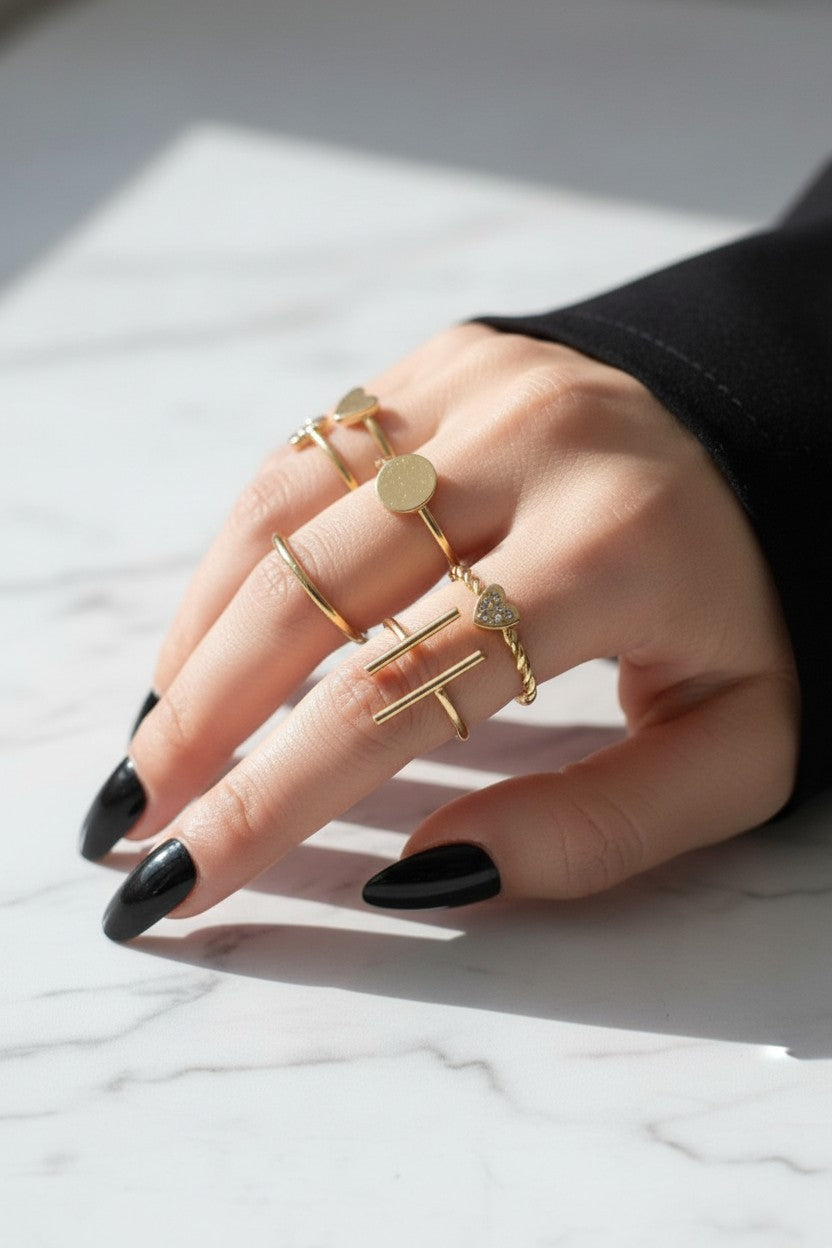 Gold Stackable Ring Set — 6 Piece Minimalist & Charm Rings | Artificial Jewelry