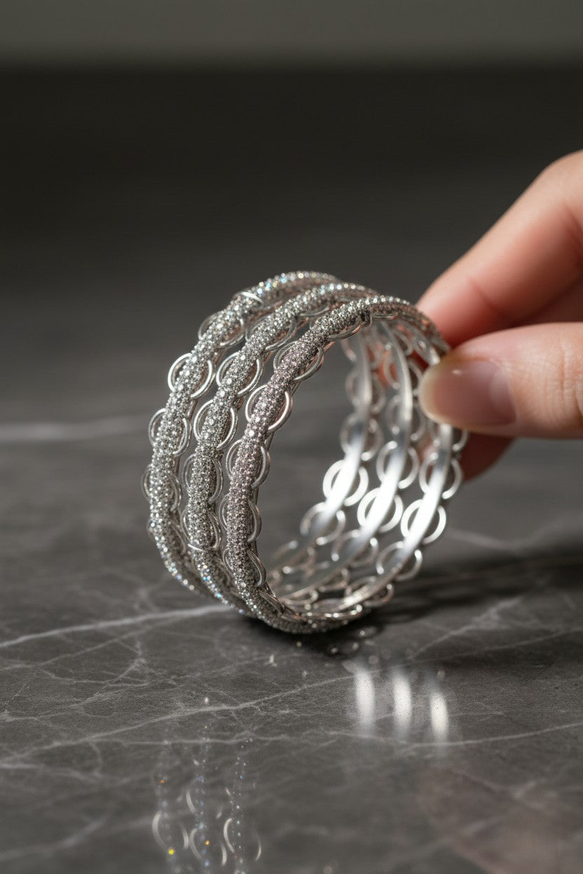 Silver Plated Cubic Zirconia Pave Oval Link Bangle Set