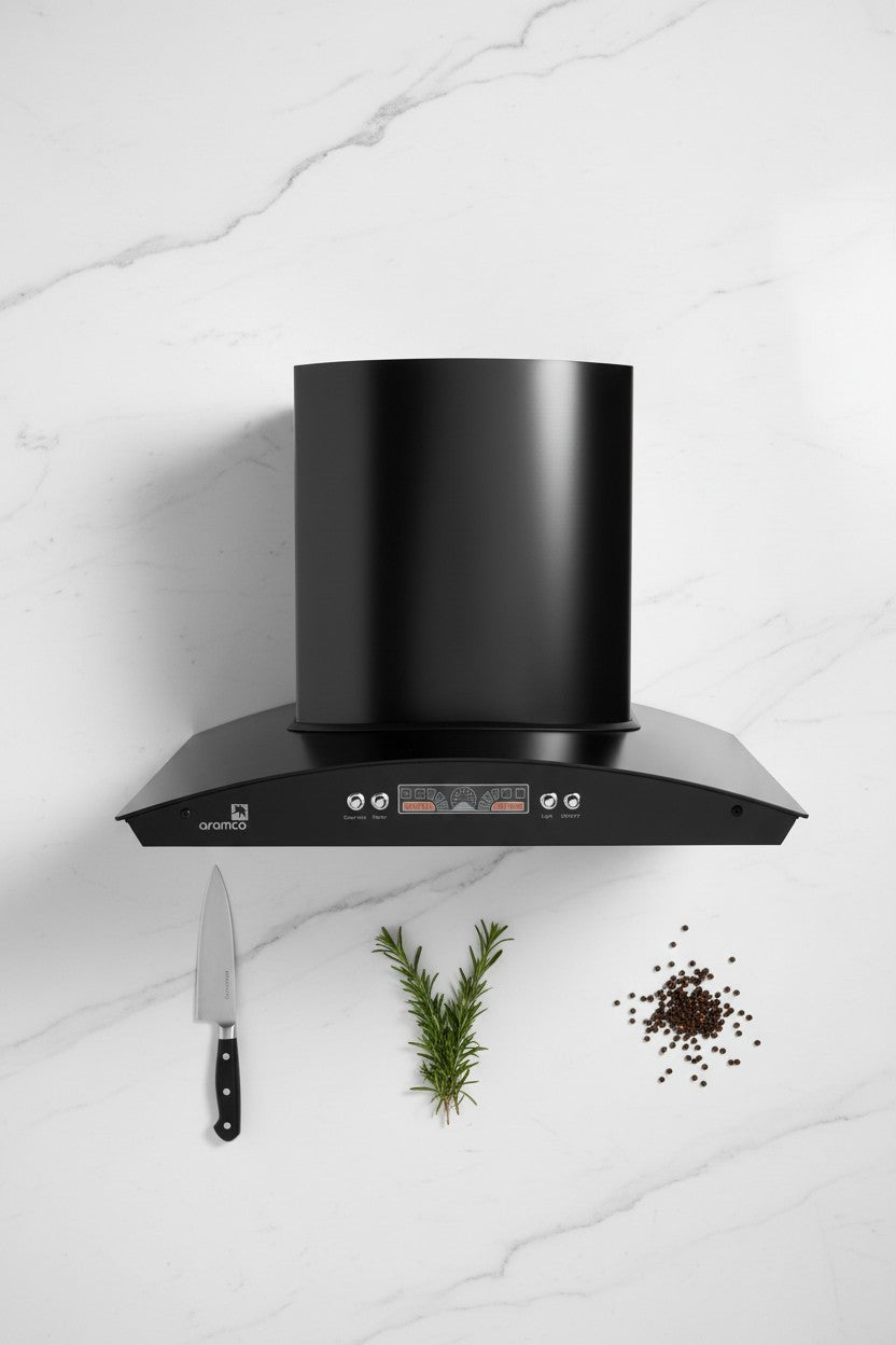Aramco Premium Wall-Mounted Chimney Range Hood – Curved Black Glass Cooker Hood with Mirror Finish