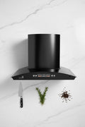 Aramco Premium Wall-Mounted Chimney Range Hood – Curved Black Glass Cooker Hood with Mirror Finish