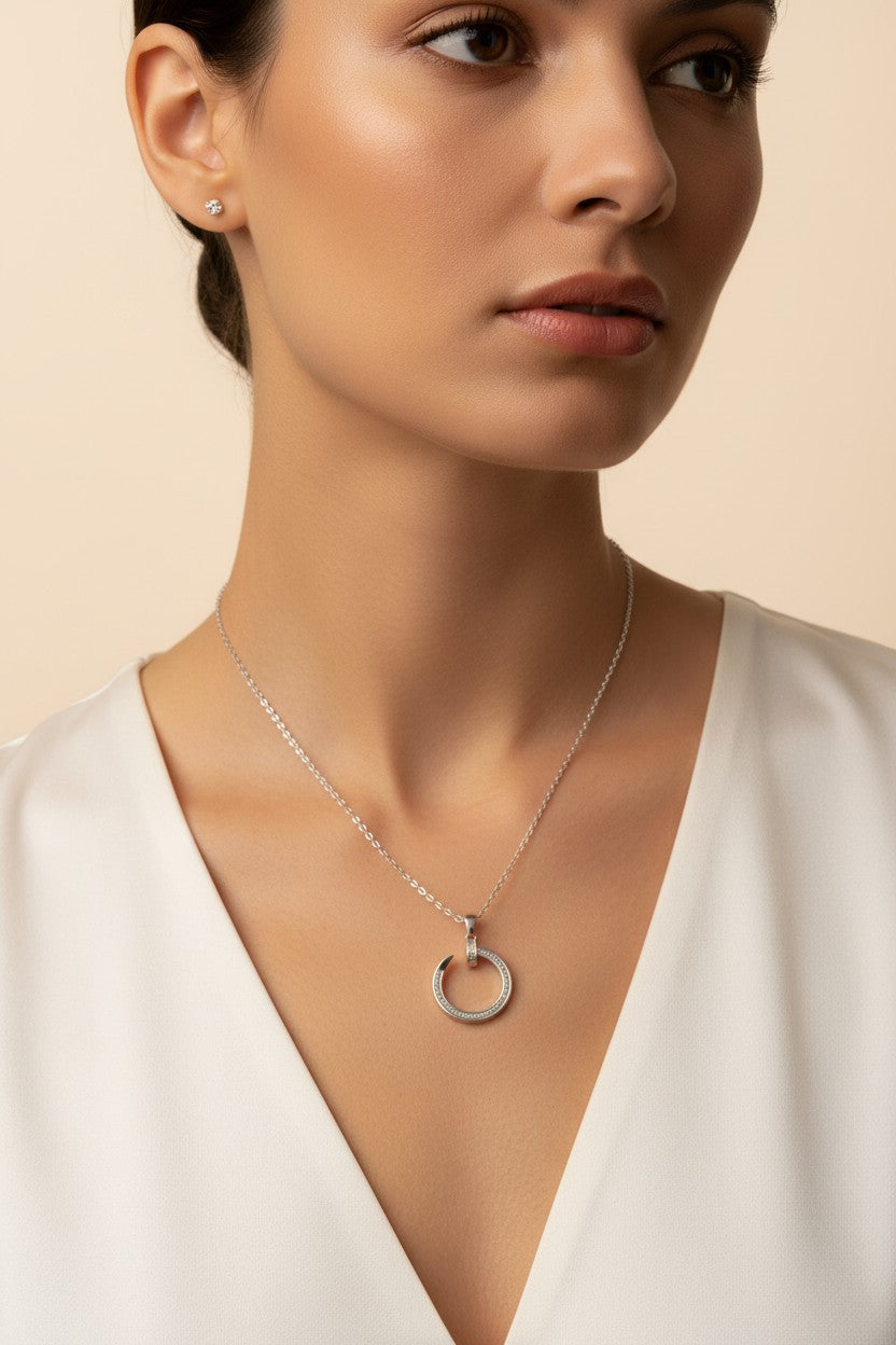 Silver Plated Crystal Crescent Moon Circle Pendant Necklace for Women