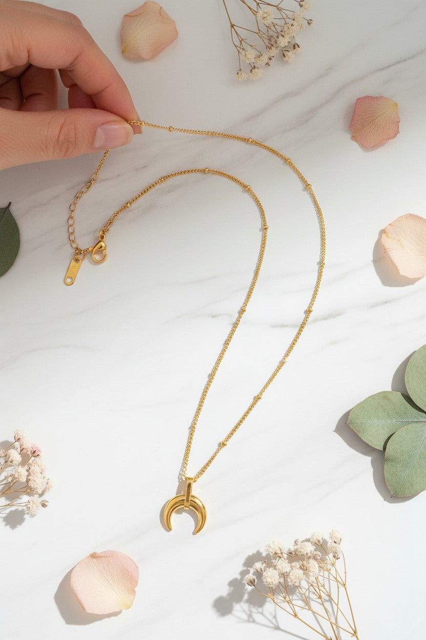 Gold Plated Crescent Moon Horn Satellite Necklace