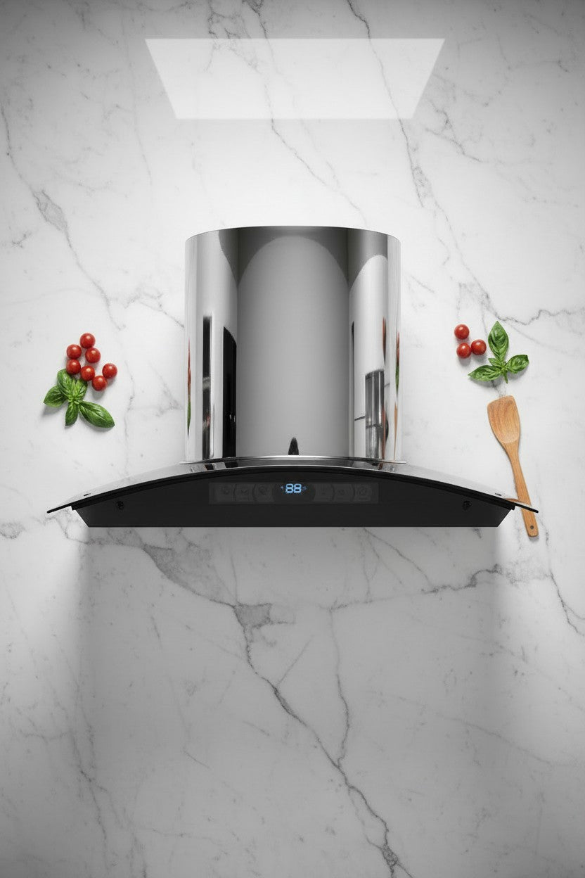 Premium Wall-Mounted Cooker Hood – Mirror Finish Stainless Steel & Smart Touch Glass Panel