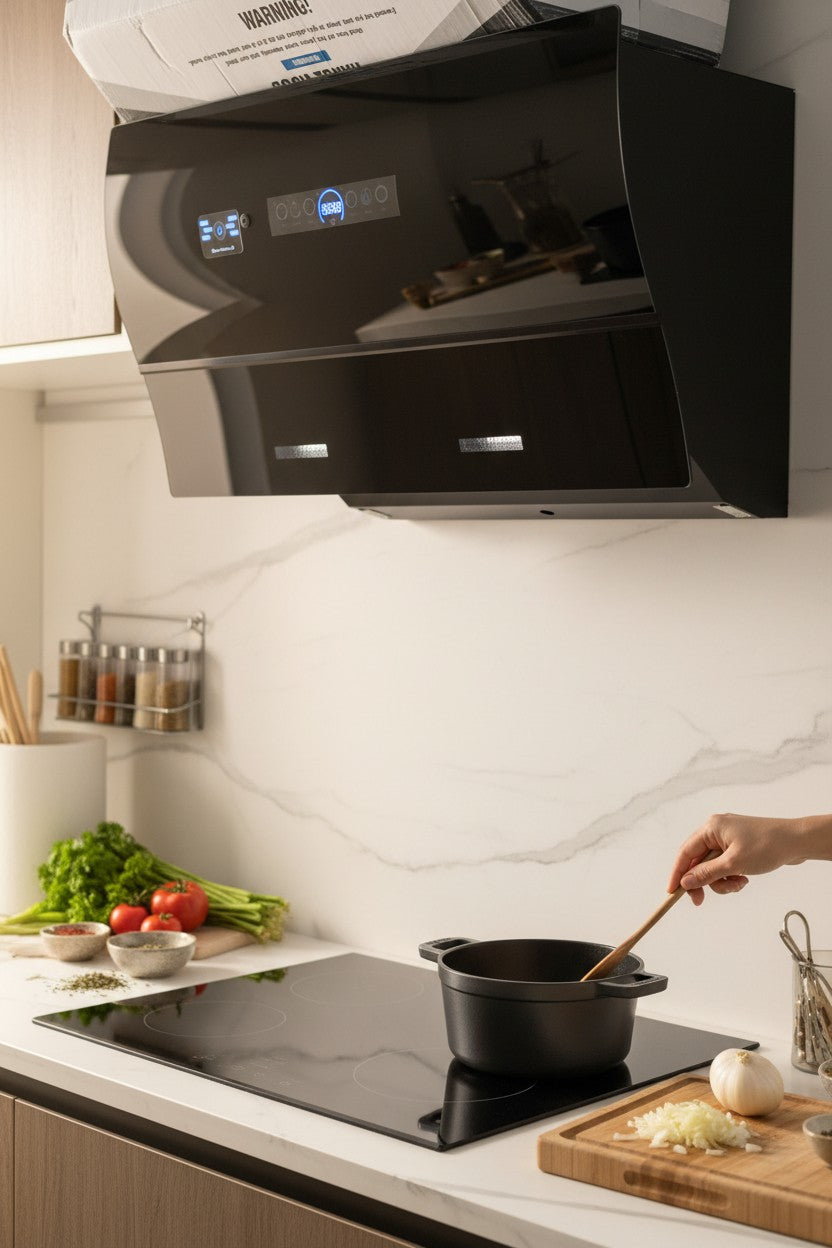 Premium Voice Control Smart Range Hood – Angled Black Glass Chimney with Auto-Clean