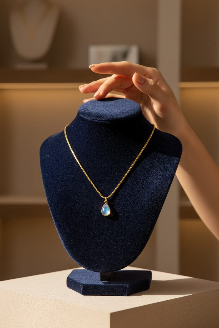 Minimalist Gold Iridescent Teardrop Moonstone Pendant Necklace