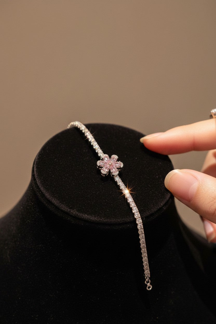 Elegant Silver Pink Crystal Flower Tennis Bracelet