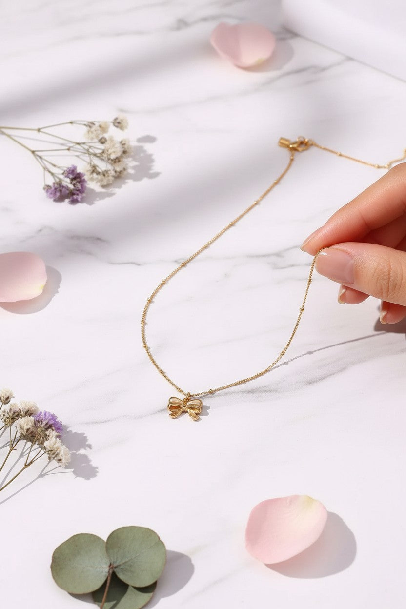Dainty Gold Ribbon Bow Satellite Pendant Necklace
