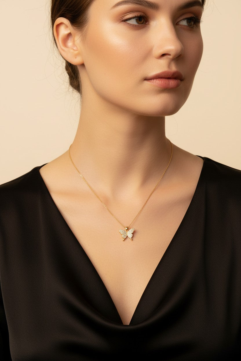 Gold Plated Cubic Zirconia Butterfly Pendant Necklace for Women