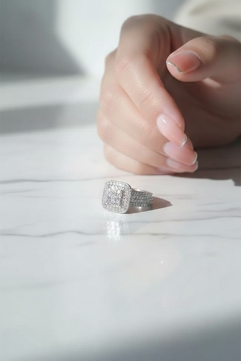 Luxury Silver Full Ice Out Square Statement Ring