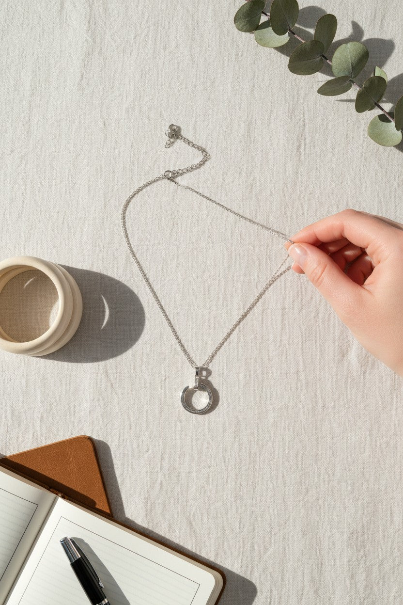 Silver Plated Crystal Crescent Moon Circle Pendant Necklace for Women