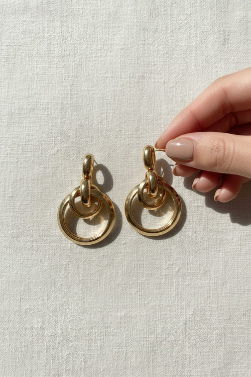 Gold Plated Double Ring Drop Hoop Earrings for Women