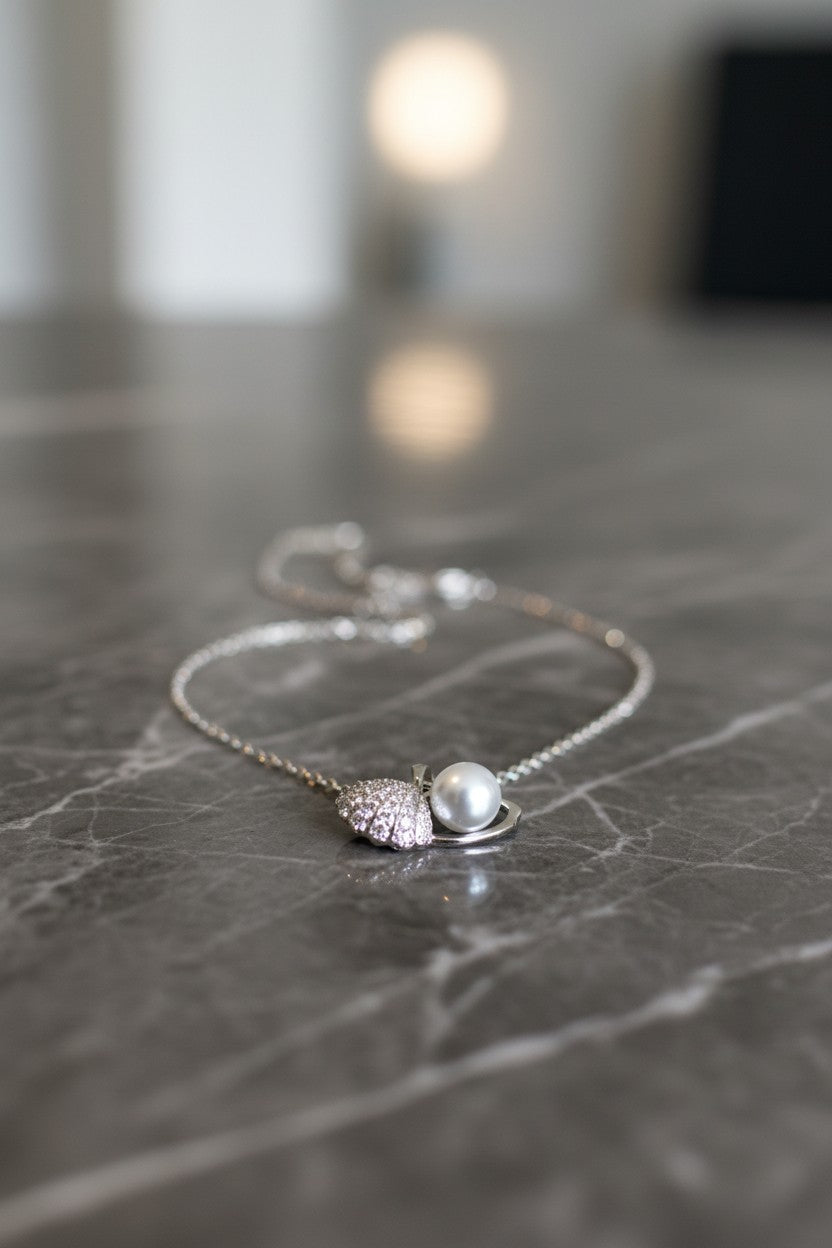 Silver Plated Pearl & Crystal Seashell Pendant Necklace for Women