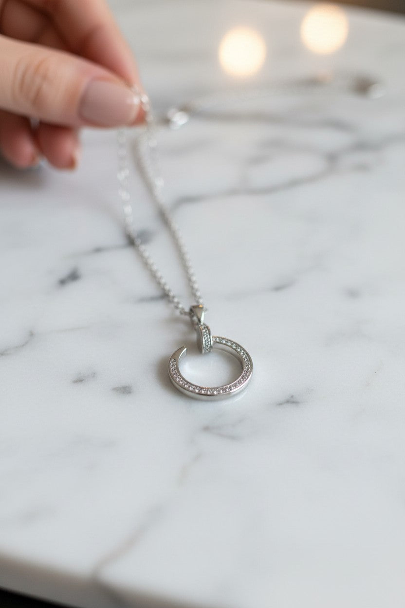 Silver Plated Crystal Crescent Moon Circle Pendant Necklace for Women