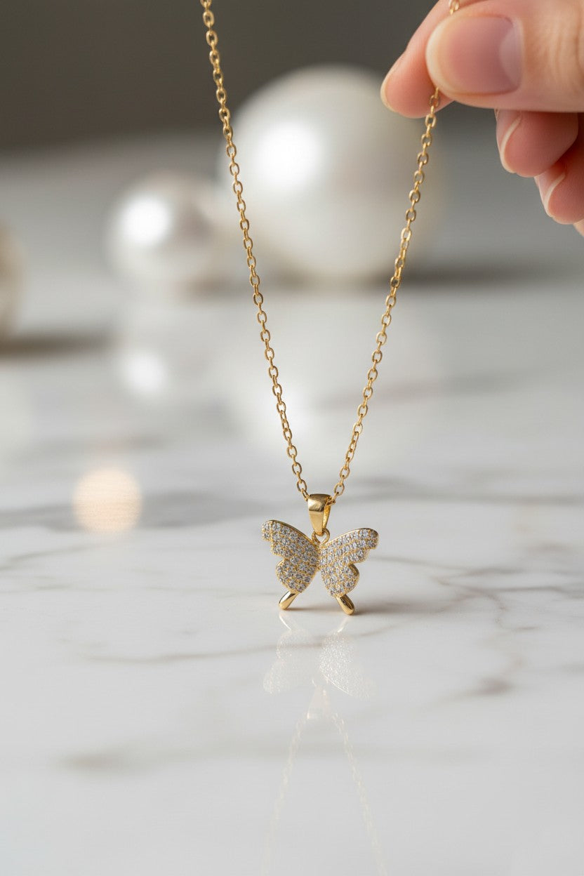 Gold Plated Cubic Zirconia Butterfly Pendant Necklace for Women