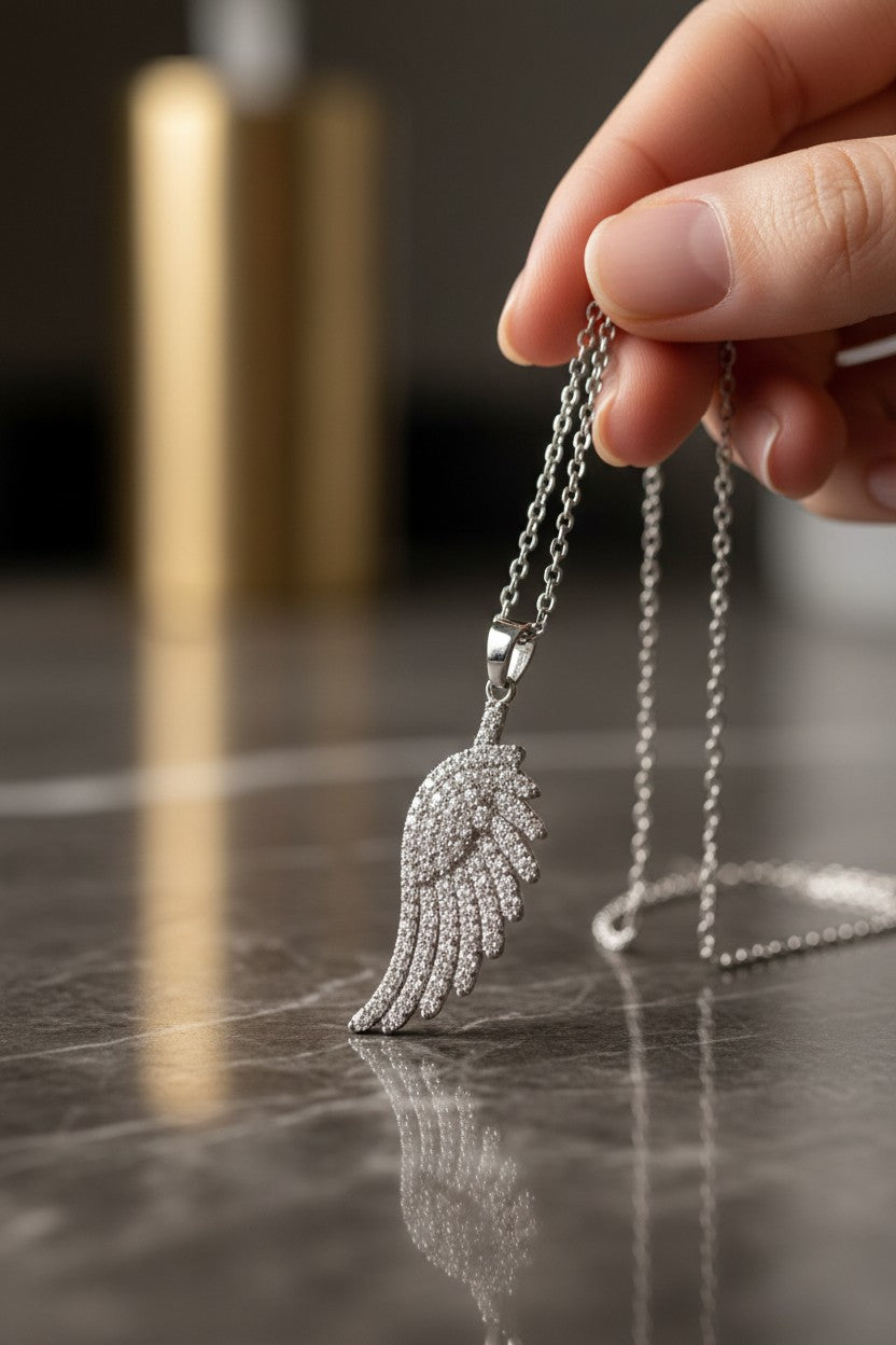 Silver Plated Cubic Zirconia Angel Wing Pendant Necklace for Women